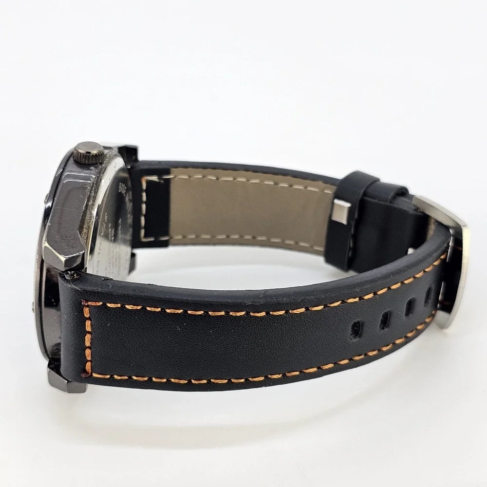 Men's Analog Watch 46MM Black Dial Brown Faux Leather Bands New Battery